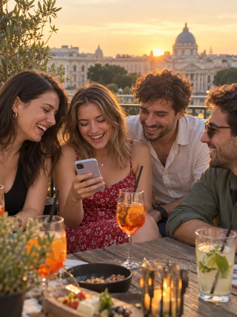 Friends laughing over drinks at a café