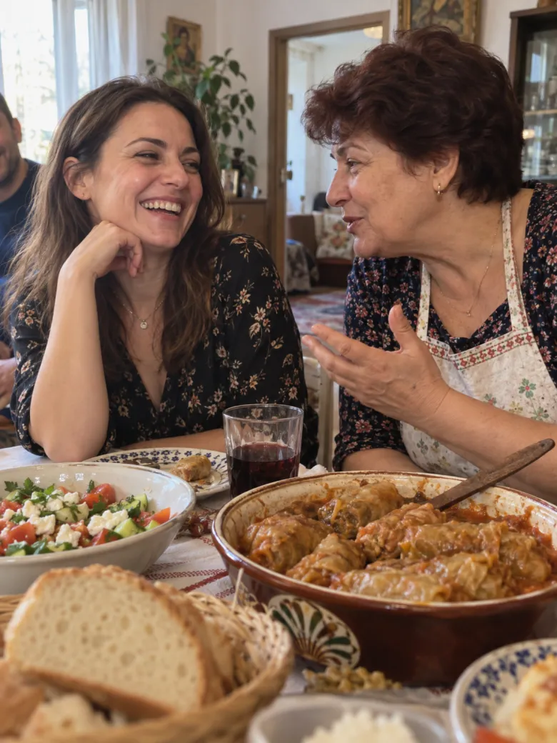 A young woman laughing with an older woman at a family dinner